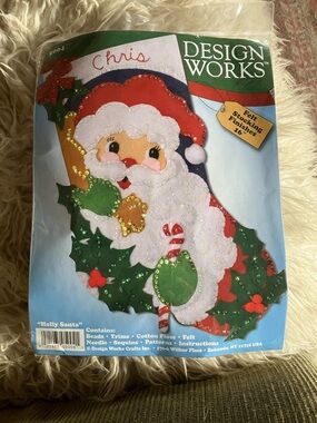 Design Works 16” Christmas Stocking Holly Santa Felt Stocking Kit - Red & White